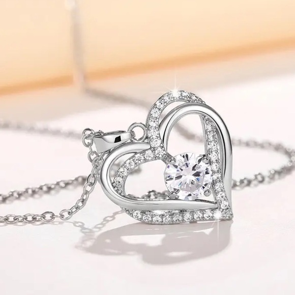 Diamond Double Heart Silver Toned Necklace - Picture 3 of 6